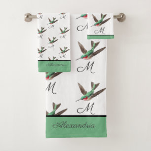 Blue Green Hummingbird Aquarell Monogram Badhandtuch Set