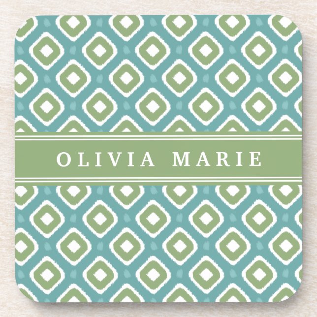 Blue Green Ikat Mod Pattern mit Name Untersetzer (Vorderseite)