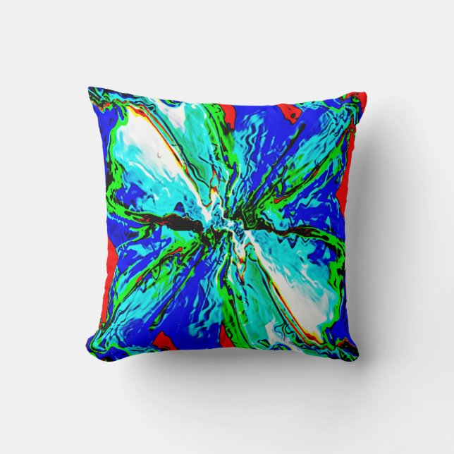 Blue Green Jewel Blume zu Red Design Kissen (Vorderseite)