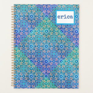 Blue Green Kaleidoscope Muster Boho Name Planer