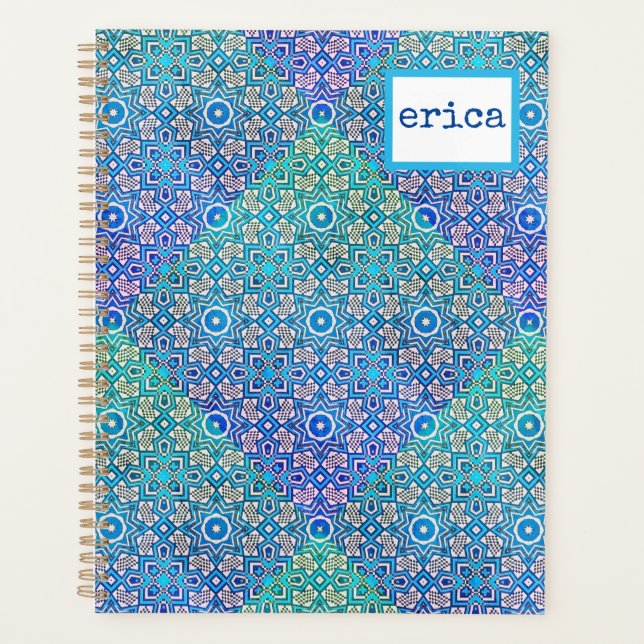 Blue Green Kaleidoscope Muster Boho Name Planer (Vorderseite)