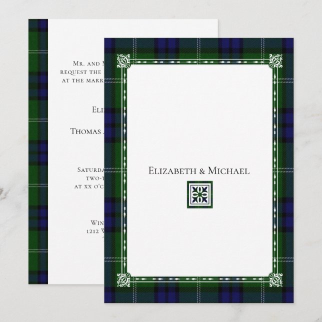 Blue & Green Kariert, Tartan Wedding Einladung (Vorne/Hinten)