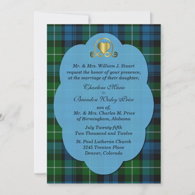 Blue & Green Lamont Tartan Karierte Custom Wedding Einladung (Vorderseite)