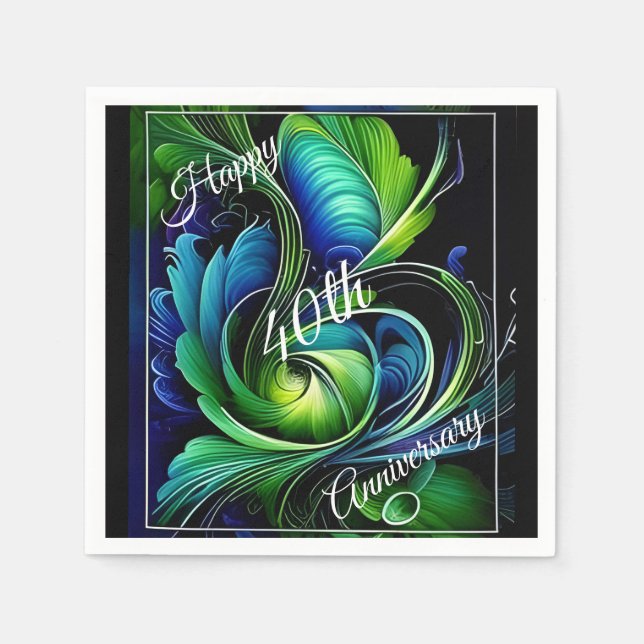 Blue Green Leafy abstrakt Happy Jubiläum Serviette (Vorderseite)