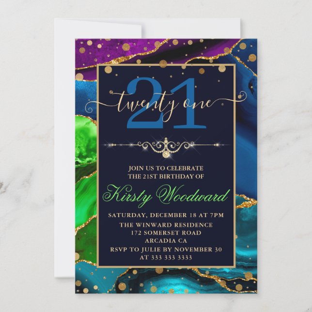 Blue Green & Lila & Gold Glitzer Agate Birthday Einladung (Vorderseite)