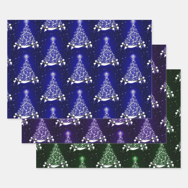 Blue Green & Lila Silver Tree Motif Geschenkpapier Set (Set)