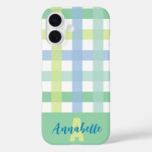 Blue Green Limon Pastel Gingham Pattern Monogram
