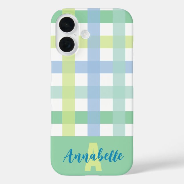 Blue Green Limon Pastel Gingham Pattern Monogram iPhone 16 Hülle (Rückseite)