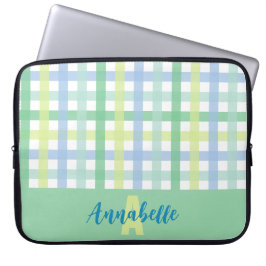 Blue Green Limon Pastel Gingham Pattern Monogram Laptopschutzhülle