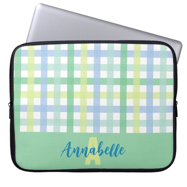 Blue Green Limon Pastel Gingham Pattern Monogram Laptopschutzhülle (Vorderseite)