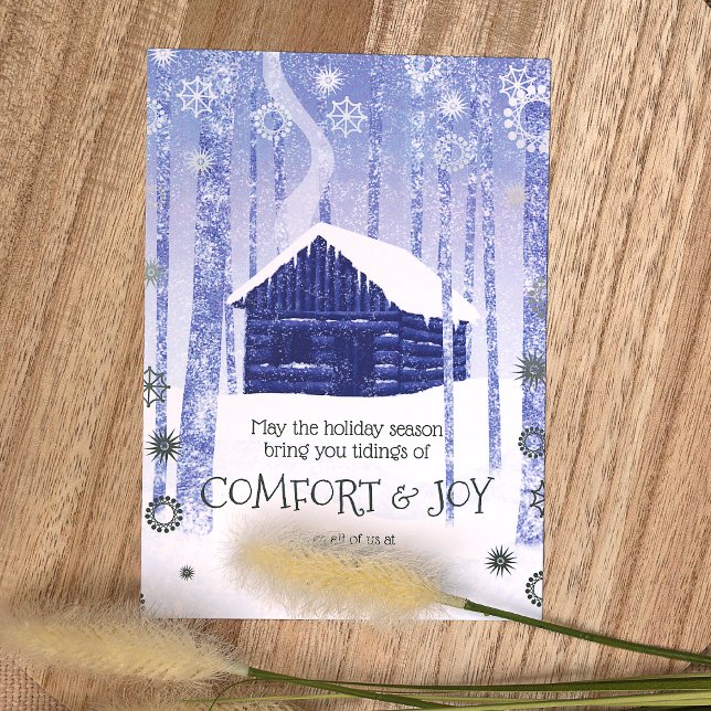 Blue, Green Log Cabins Business Holiday Cards Karte (Simple Blue, Green Logo Company Holiday Card, Winter Log Cabin in Forest, Blue, Sage Green)