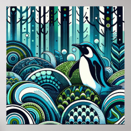 Blue Green Lovey Pinguin Outdoorwald Abstrakt Poster