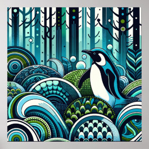 Blue Green Lovey Pinguin Outdoorwald Abstrakt Poster