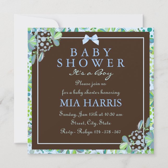 Blue & Green Lush Floral Baby Dusche laden ein Einladung (Vorderseite)