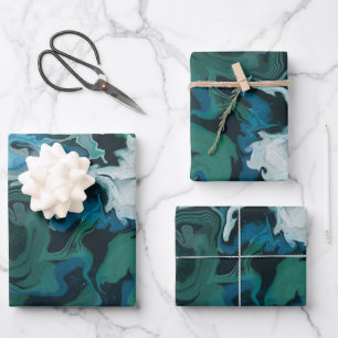 Blue Green Marbour Brushstrokes Handmade Art Geschenkpapier Set
