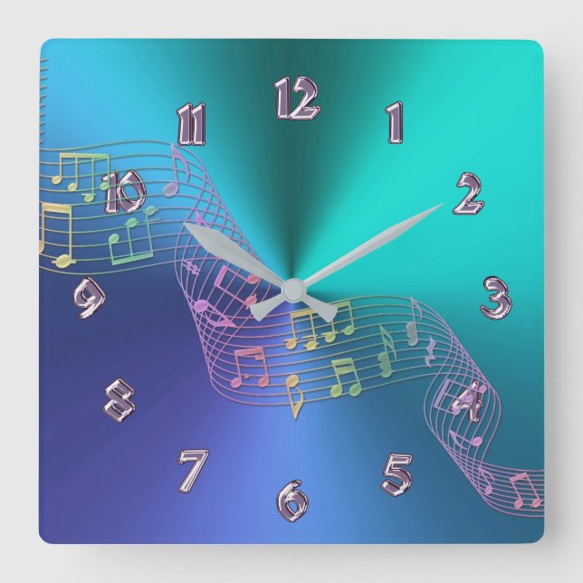 Blue Green Metallic Rainbow Musiknotens Clock Quadratische Wanduhr (Vorderseite)