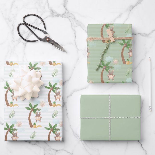 Blue Green Monkey Treuds Baby Dusche Geschenkpapier Set (Vorderseite)