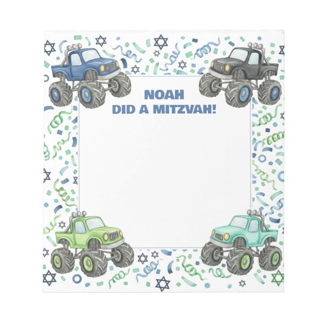 Blue Green Monster Truck Personalisiert Mitzvah Notizblock (Vorderseite)