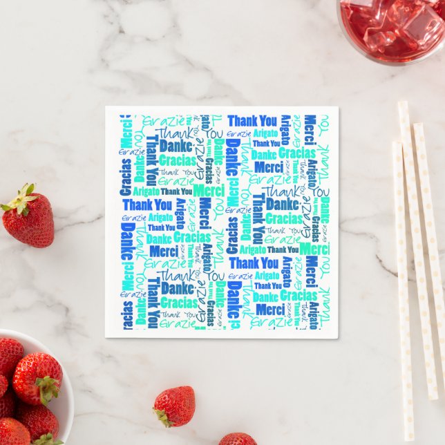 Blue Green Multilingual Danke Typografy Collage Serviette (Beispiel)