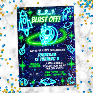 Blue Green Neon glühende Weltraumjungen zum Geburt Einladung