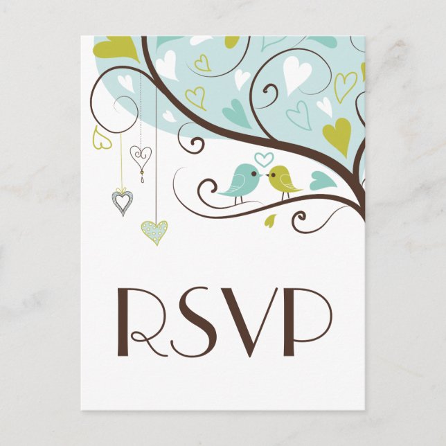Blue & Green Niedlich Lovebirds Wedding RSVP Postc Einladungspostkarte (Vorderseite)