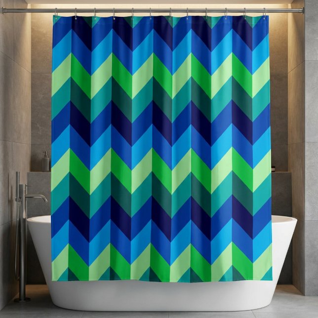 Blue Green Ombre Chevrons Duschvorhang (Blue Green Ombre Chevrons Shower Curtain hanging over a tub in a modern style bathroom.)