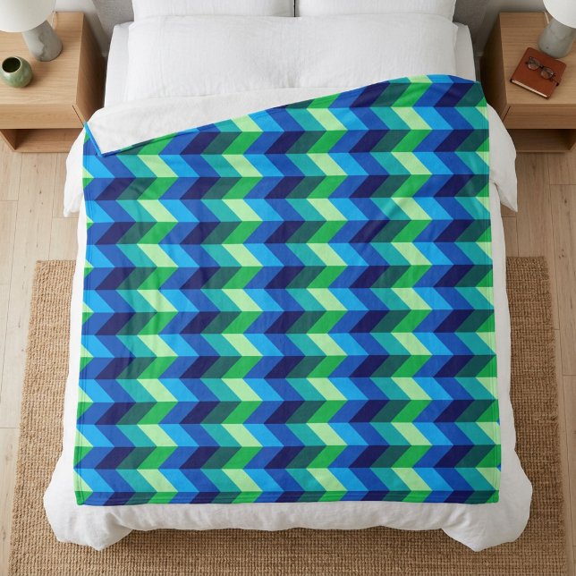 Blue Green Ombre Chevrons Large Fleece Blanket (Blue Green Ombre Chevrons Large Fleece Blanket on a bed in a modern style bedroom.)