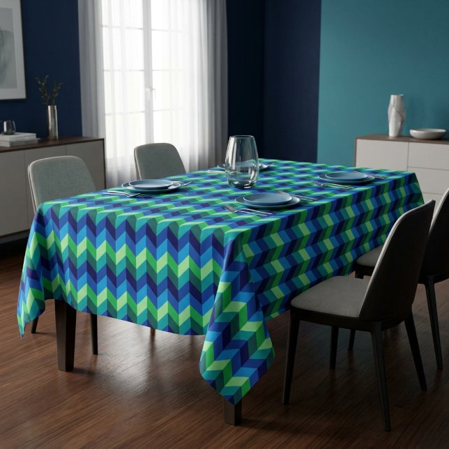 Blue Green Ombre Chevrons Medium Tablecloth Tischdecke (Blue Green Ombre Chevrons Medium Tablecloth covering a table in a modern style dining room.)