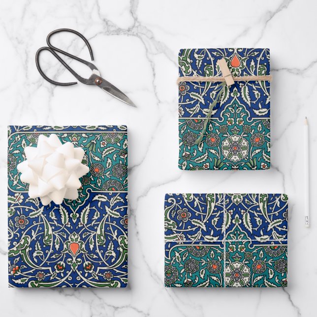 Blue Green Orange Aquamarines Verziertes arabische Geschenkpapier Set (Vorderseite)
