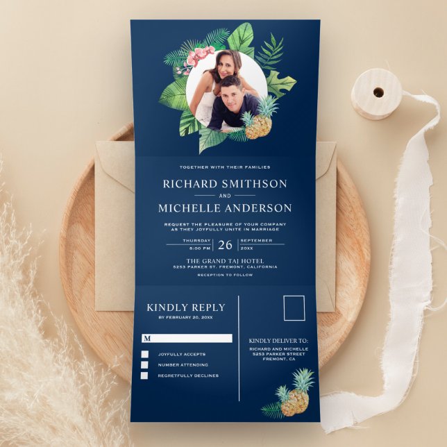 Blue Green Palm Blätter Wreath Foto Wedding Dreifach Gefaltete Einladung (Von Creator hochgeladen)
