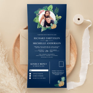 Blue Green Palm Blätter Wreath Foto Wedding Dreifach Gefaltete Einladung