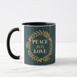 Blue Green Peace, Joy, Liebe Gold Weihnachtskranz Tasse