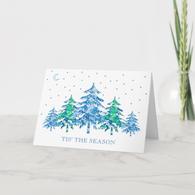 Blue Green Pine Tree Winter T'is the Season Xmas Karte (Vorderseite)