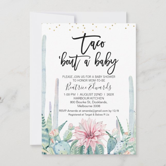 Blue Green Pink Taco Bout Eine Baby-Dusche Einladung (Vorderseite)