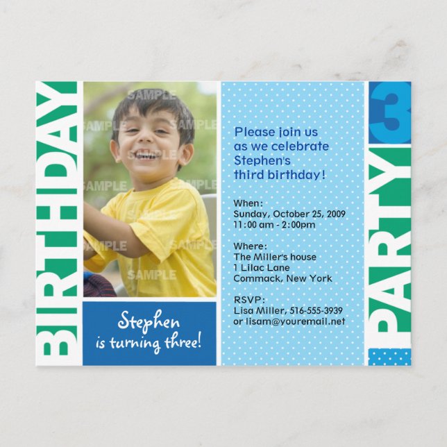 Blue Green Polka Dot 3e Invitation anniversaire (Devant)
