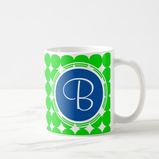 Blue & Green Polka Dot Monogram Kaffeetasse (Rechts)