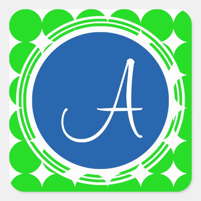 Blue & Green Polka Dot Monogram Quadratischer Aufkleber (Vorderseite)