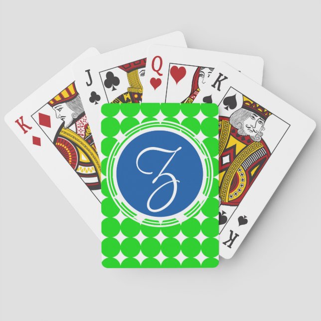 Blue & Green Polka Dot Monogram Spielkarten (Rückseite)