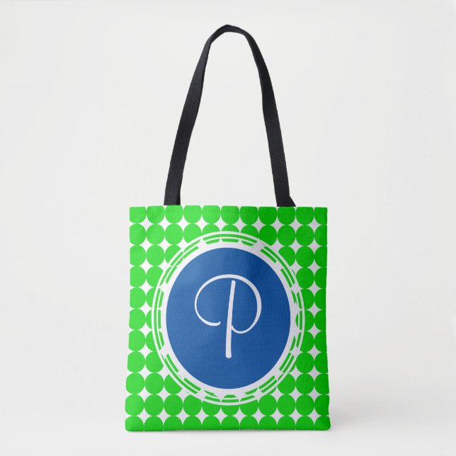 Blue & Green Polka Dot Monogram Tasche (Vorderseite)