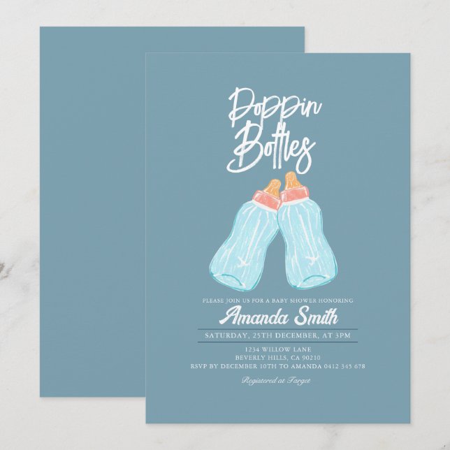 Blue Green Poppin Flaschen Babydusche Einladung (Vorne/Hinten)