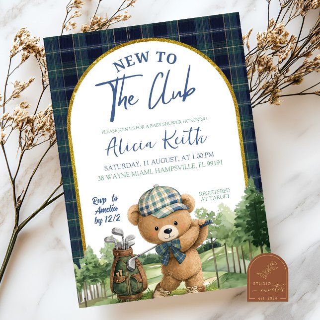 Blue Green Preppy Golf Bear Baby Shower Invitation (Créateur téléchargé)