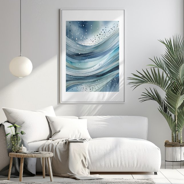 Blue Green Raindrops Poster Abstrait Watercolor (Blue Green Raindrops Abstract Watercolor Poster Mockup 1)