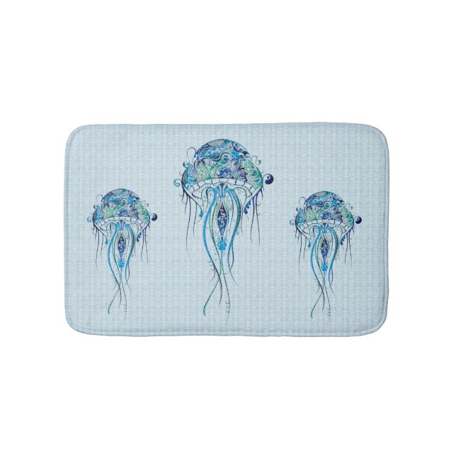 Blue-Green Retro Jellyfish Over Blue Background Badematte (Vorderseite)