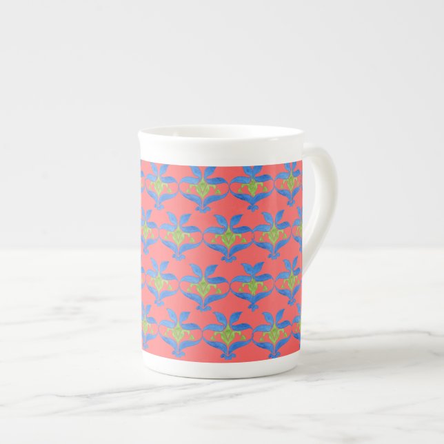 Blue Green Scarlet Art Nouveau Pattern China Tasse (Vorderseite Rechts)