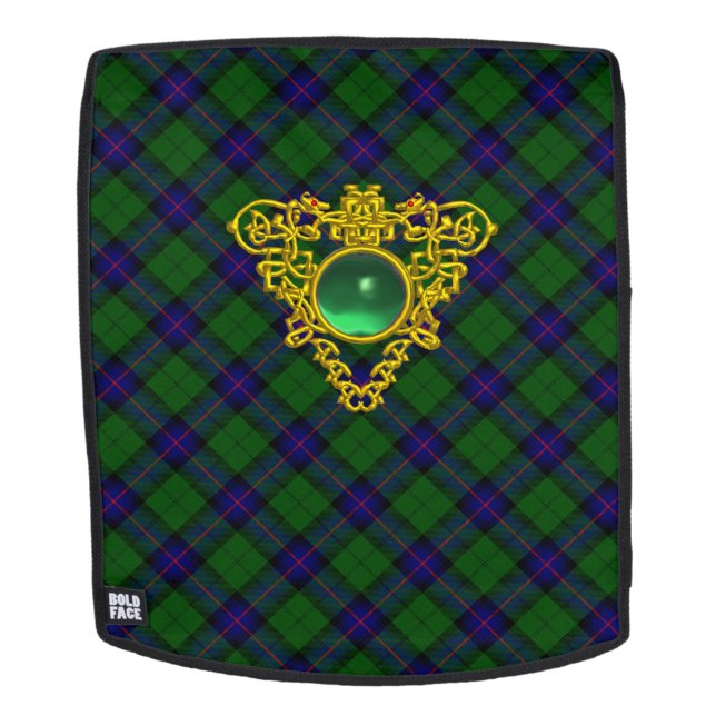 BLUE GREEN SCOTTISH TARTAN, GOLD CELTIC HERZ RUCKSACK (Abnehmbare Front)