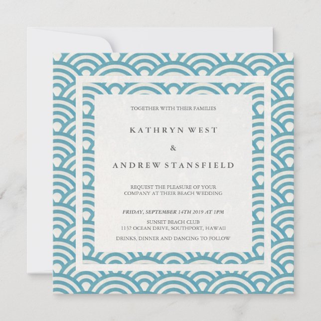 Blue Green Sea Waves Eleganter Beach Wedding Einladung (Vorderseite)