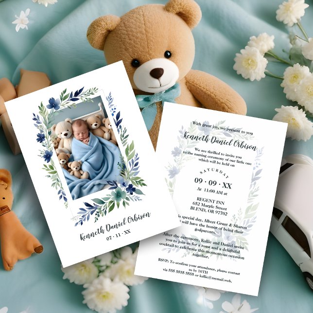 Blue & Green Shades Floral Frame Naming Ceremony Einladung (Blue & Green Shades Floral Frame Effect with Photo Baby Naming Ceremony Invitation Card.)