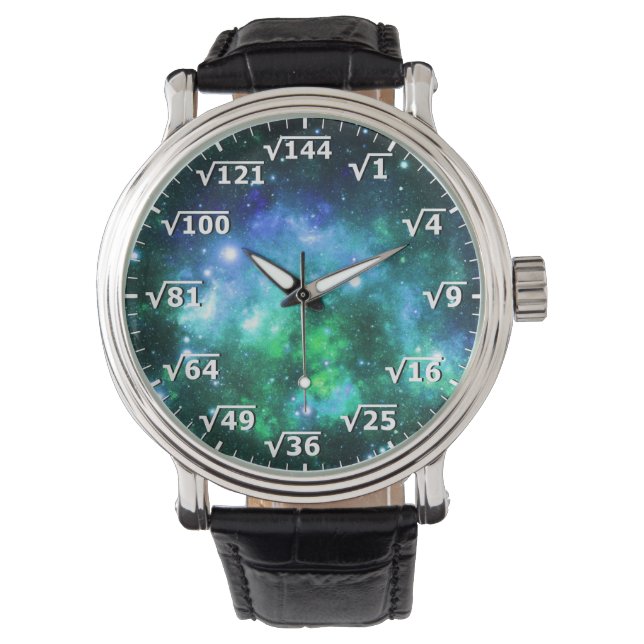 Blue Green Space Square Root Clock - Math Time Armbanduhr (Vorderseite)
