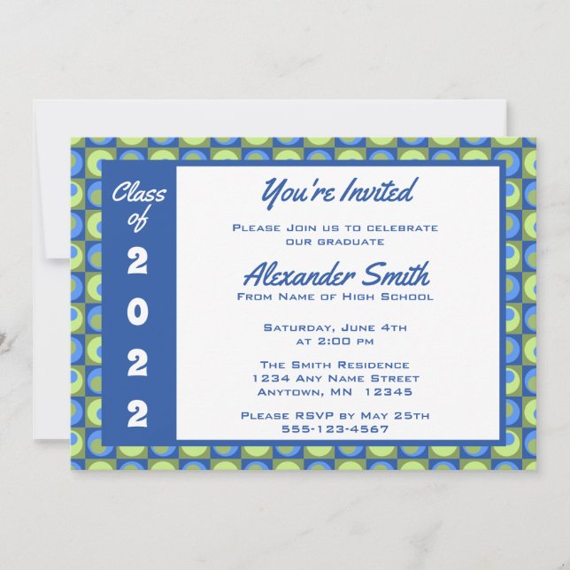 Blue Green Square Dots Border Graduation Party Einladung (Vorderseite)