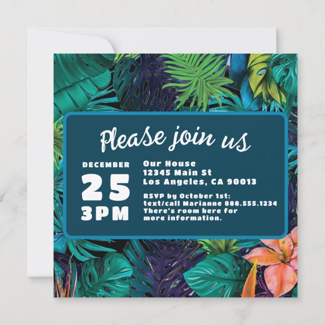 Blue Green Tropical Dschungel Hochzeit in Urlaubso Save The Date (Rückseite)